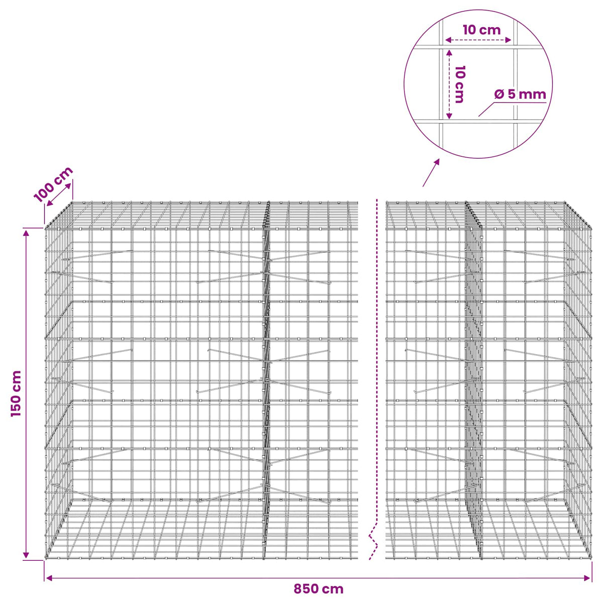 Gabion with 5 mm Wire and 10x10 cm Mesh 850x100x150 cm