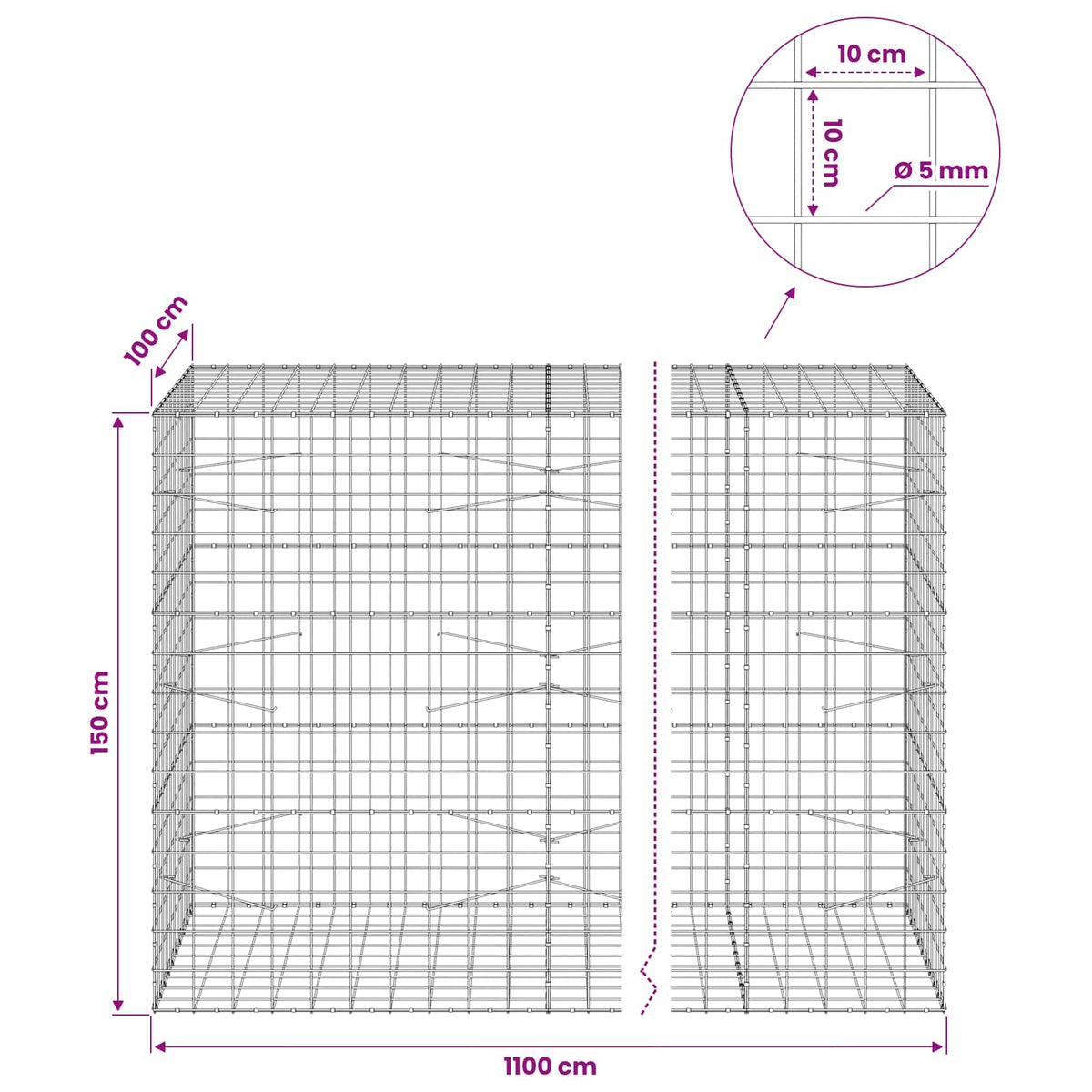 Gabion with 5 mm Wire and 10x10 cm Mesh 1100x100x150 cm