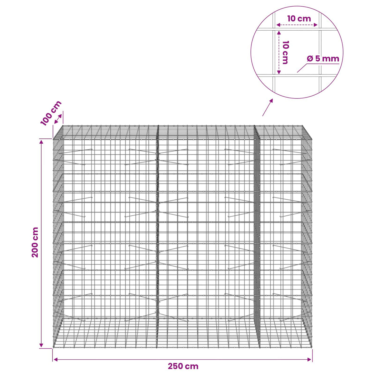 Gabion with 5 mm Wire and 10x10 cm Mesh 250x100x200 cm