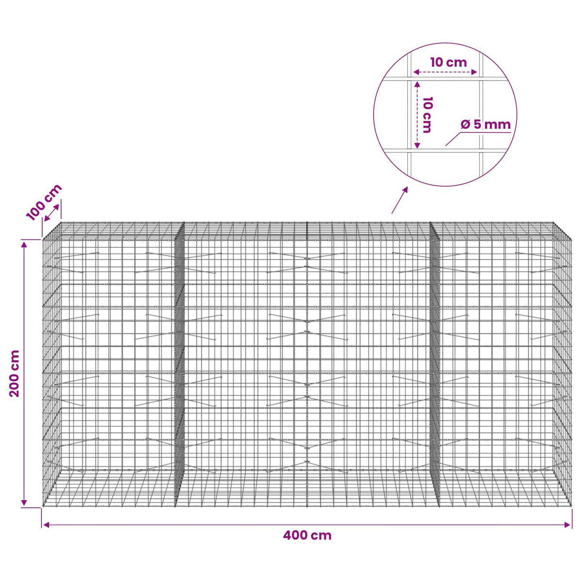 Gabion with 5 mm Wire and 10x10 cm Mesh 400x100x200 cm