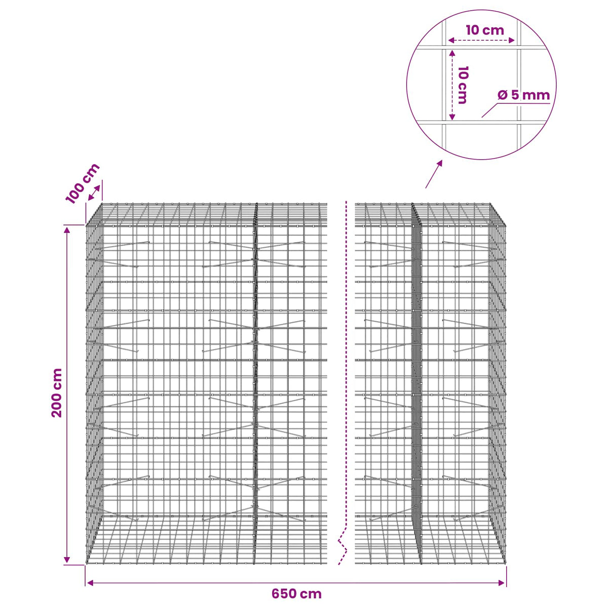 Gabion with 5 mm Wire and 10x10 cm Mesh 650x100x200 cm