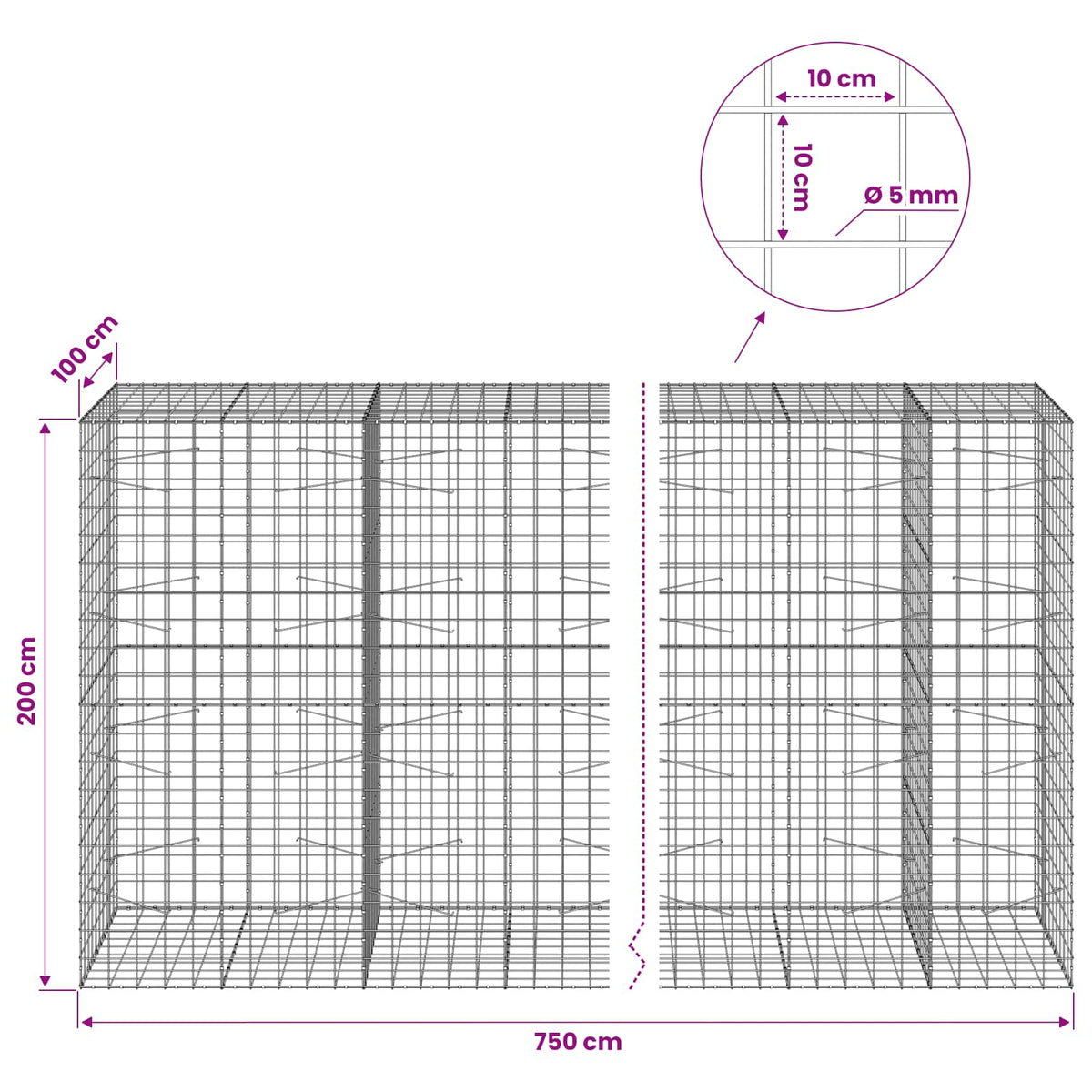 Gabion with 5 mm Wire and 10x10 cm Mesh 750x100x200 cm