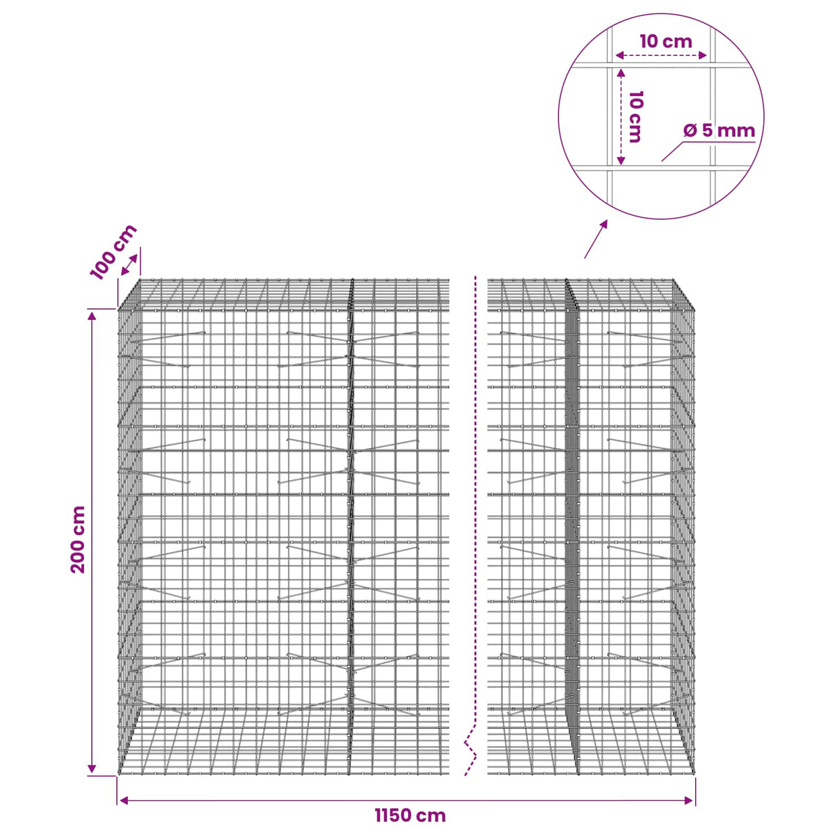 Gabion with 5 mm Wire and 10x10 cm Mesh 1150x100x200 cm