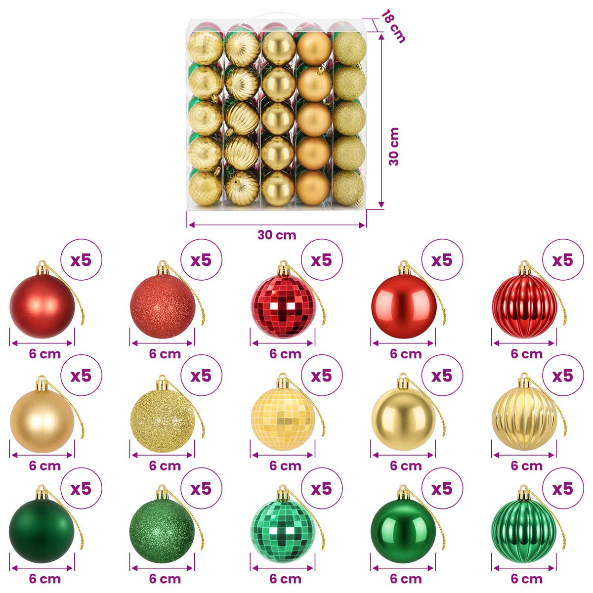 Christmas Ball Set 75 pcs Red, Gold and Green 6 cm Polystyrene