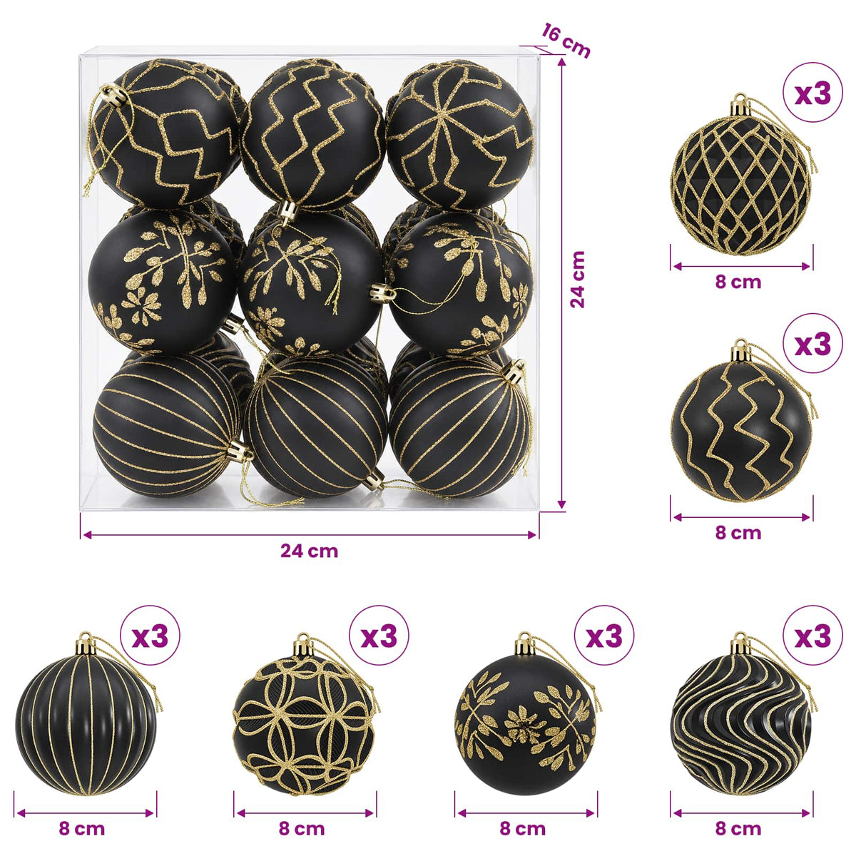 Christmas Ball Set XL 18 pcs Black and Gold 8 cm Polystyrene