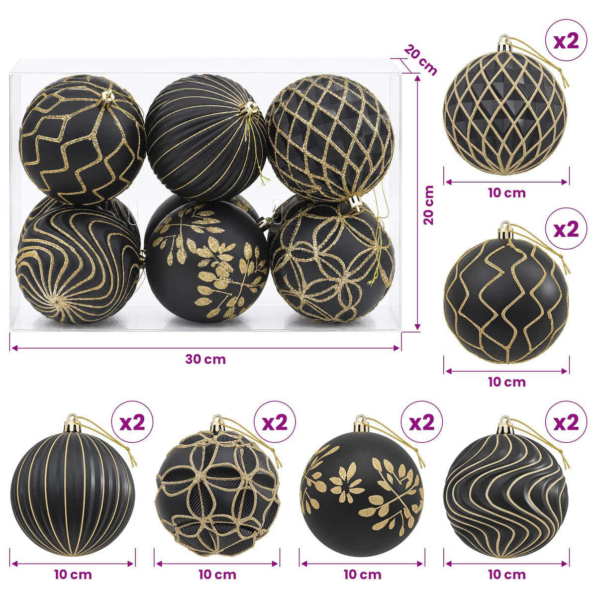 Christmas Ball Set XL 12 pcs Black and Gold 10 cm Polystyrene