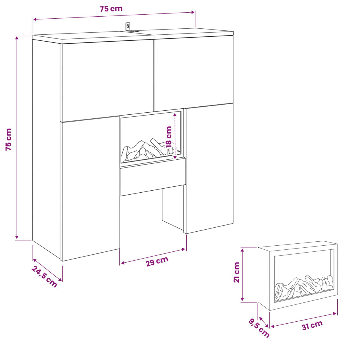 Electric Fireplace Grey Sonoma 75 x 24.5 x 75 cm