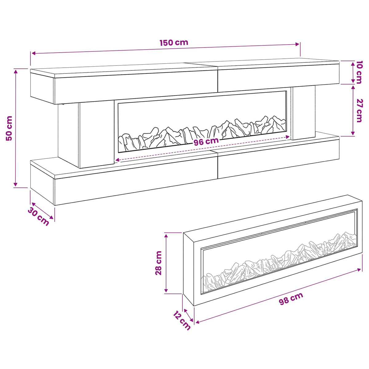 Electric Fireplace Concrete 150 x 30 x 50 cm Engineered wood