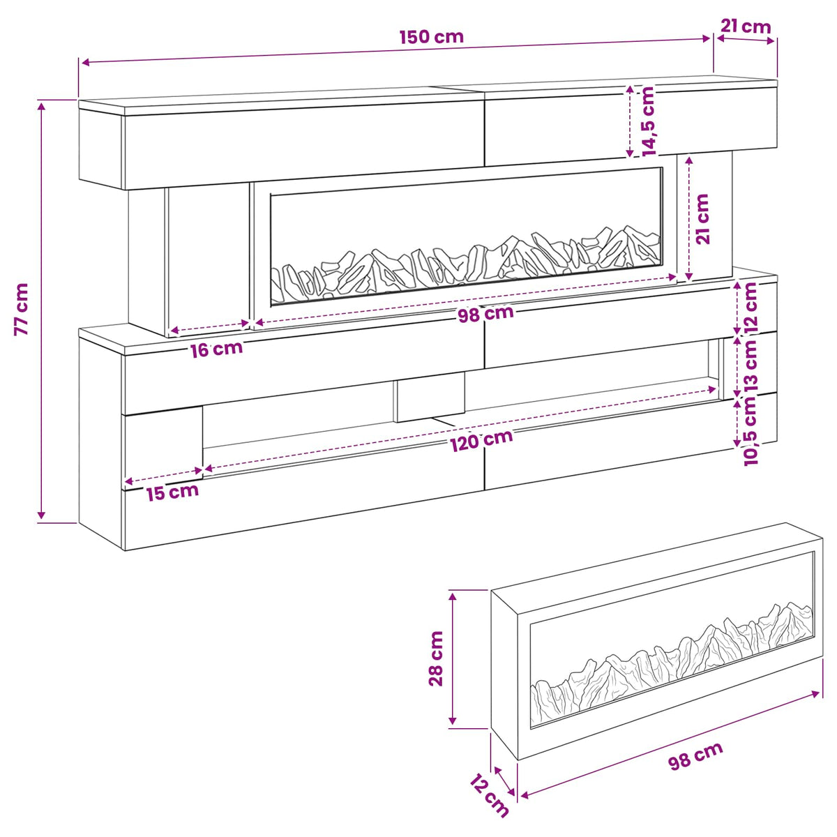 Electric Fireplace Old Wood 150 x 21 x 77 cm Engineered wood