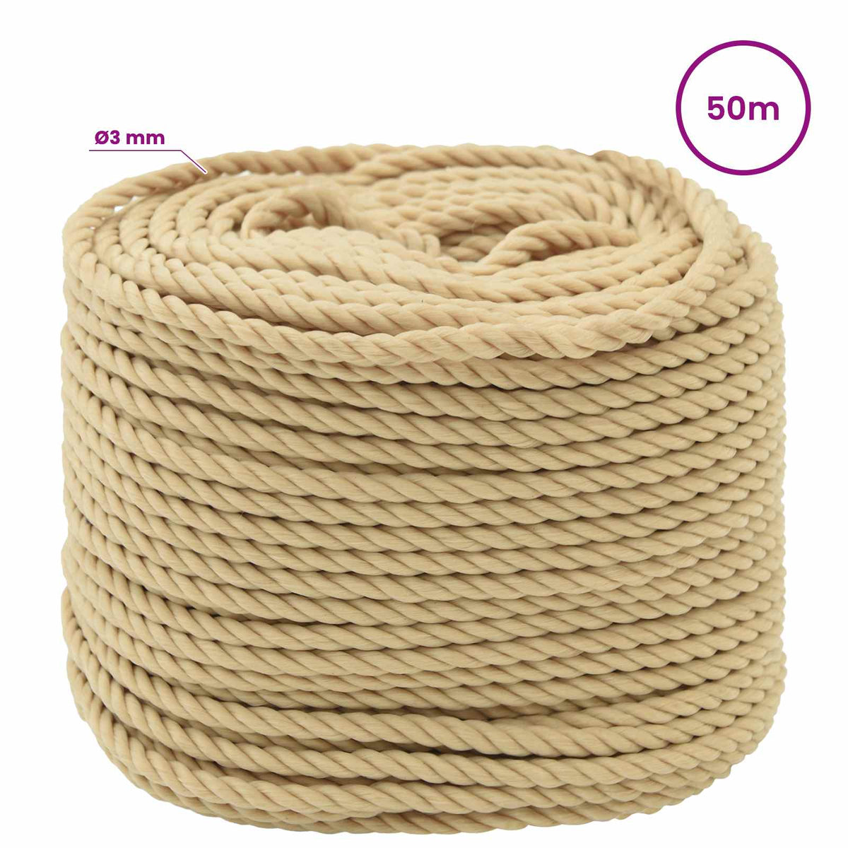 Multipurpose Utility Rope 3 mm 50 m Natural PP 67.5 kg Max Load