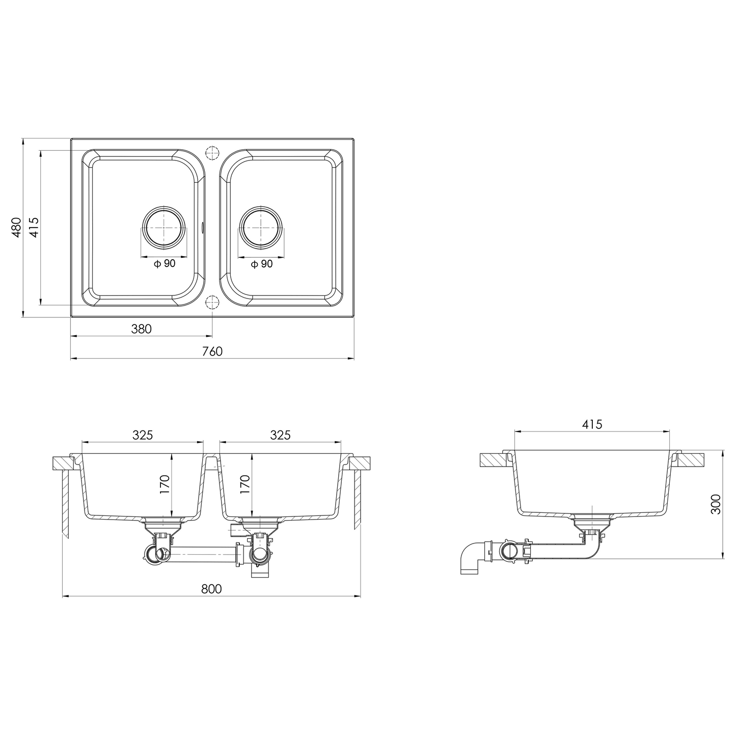 Kitchen Sink White 76 x 48 x 30 cm Quartz and Resin