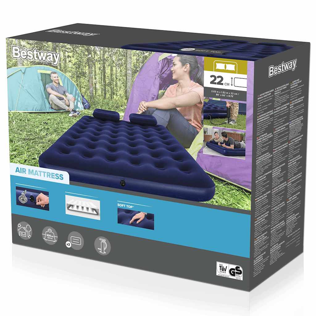 Inflatable Flocked Airbed with Pillow and Air Pump 203 x 152 x 22 cm 67374