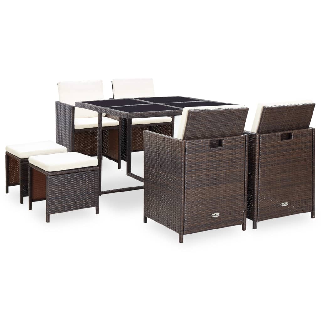 9 Piece Patio Dining Set with Cushions Poly Rattan Brown