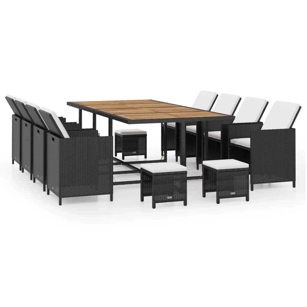 13 Piece Patio Dining Set Poly Rattan and Acacia Wood Black