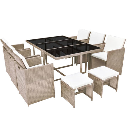 11 Piece Patio Dining Set with Cushions Poly Rattan Beige