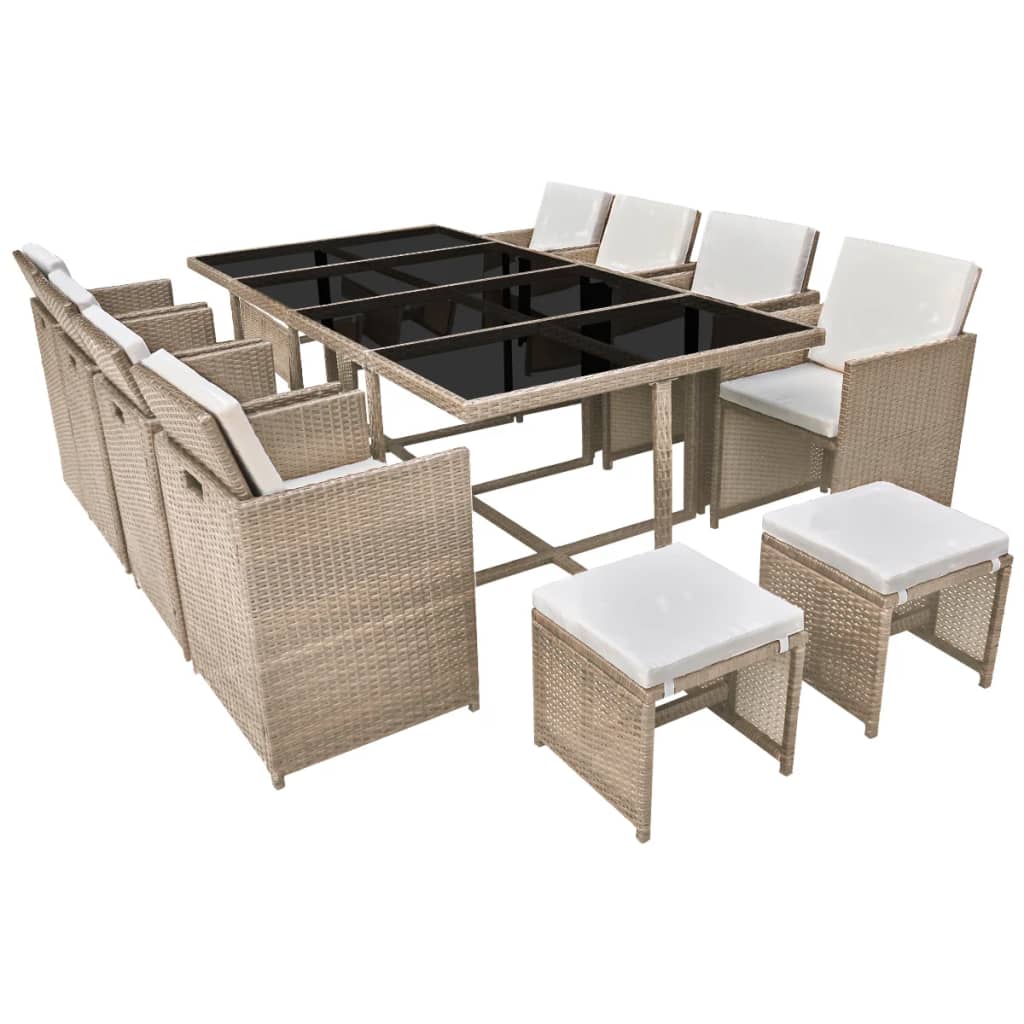 13 Piece Patio Dining Set with Cushions Poly Rattan Beige