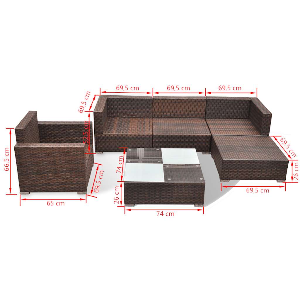 6 Piece Garden Lounge Set with Cushions Poly Rattan Brown