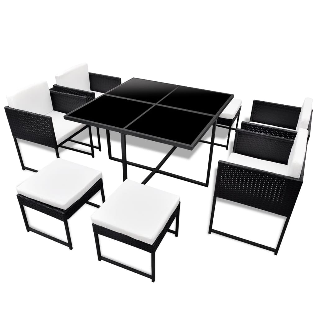9 Piece Patio Dining Set with Cushions Poly Rattan Black