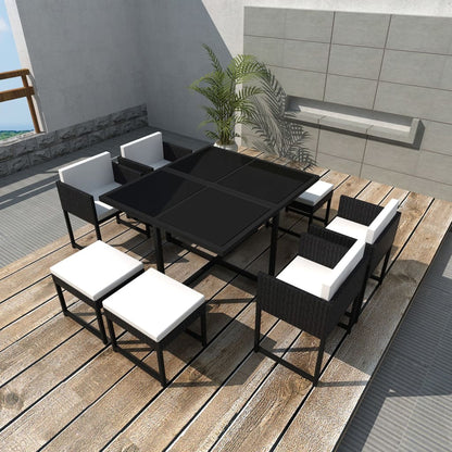9 Piece Patio Dining Set with Cushions Poly Rattan Black