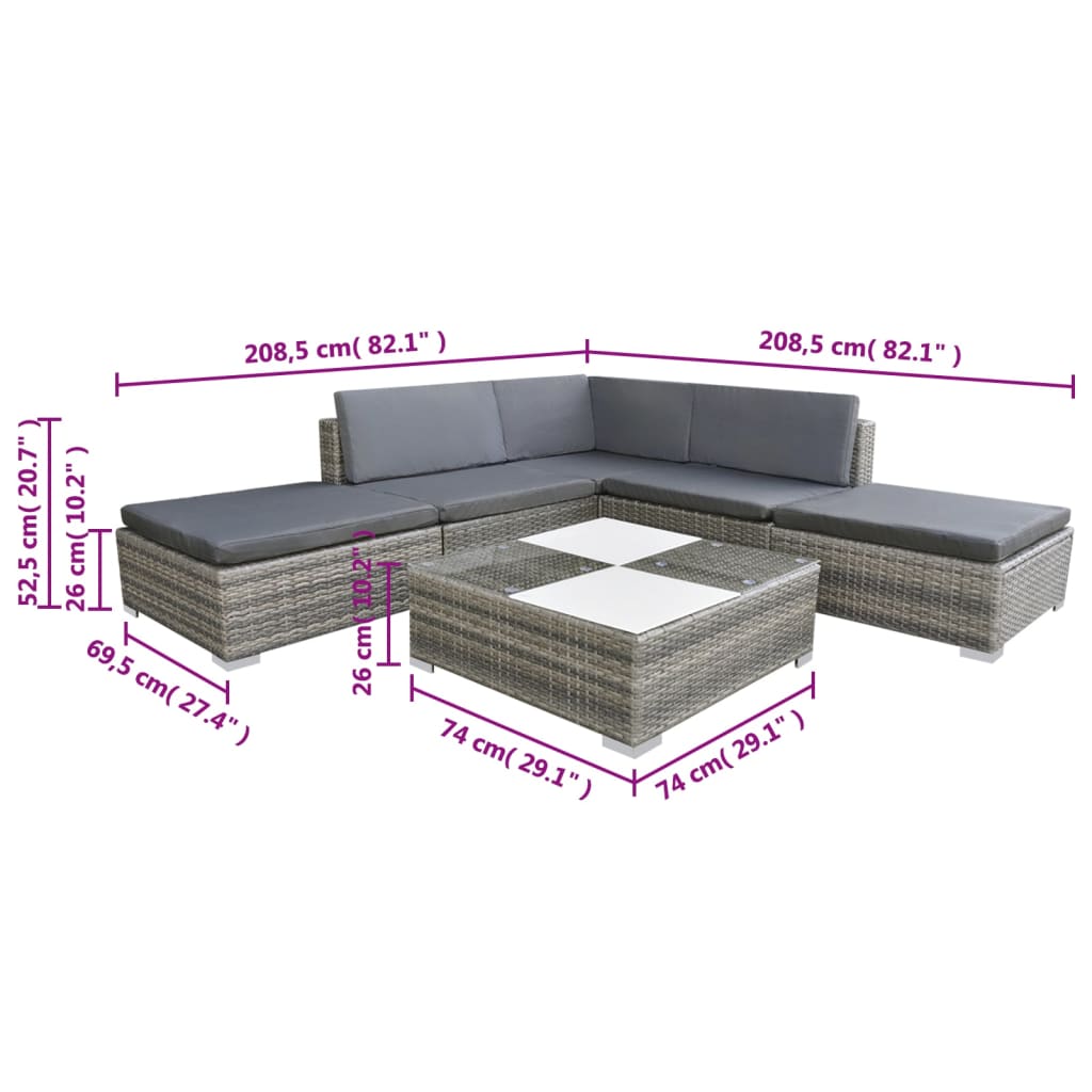 6 Piece Patio Lounge Set with Cushions Poly Rattan Gray
