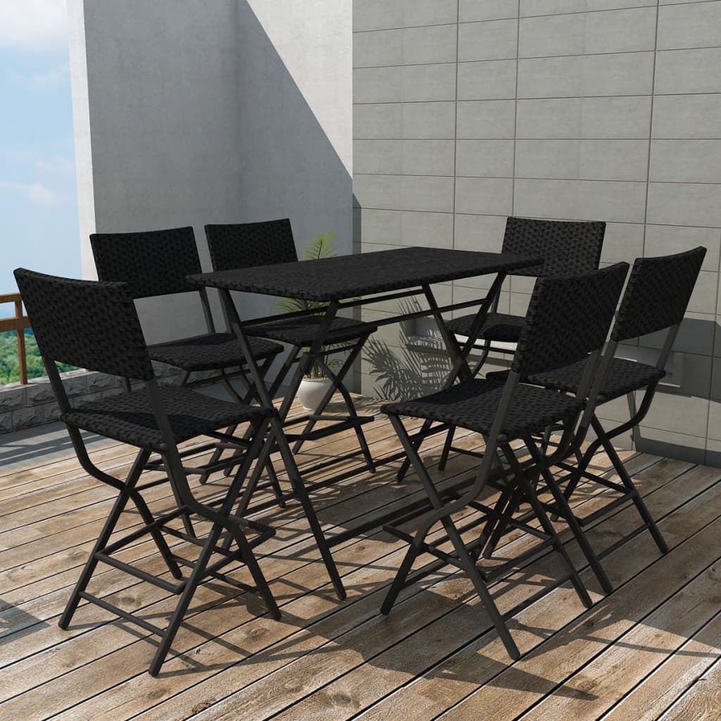 7 Piece Folding Outdoor Dining Set Steel Poly Rattan Black