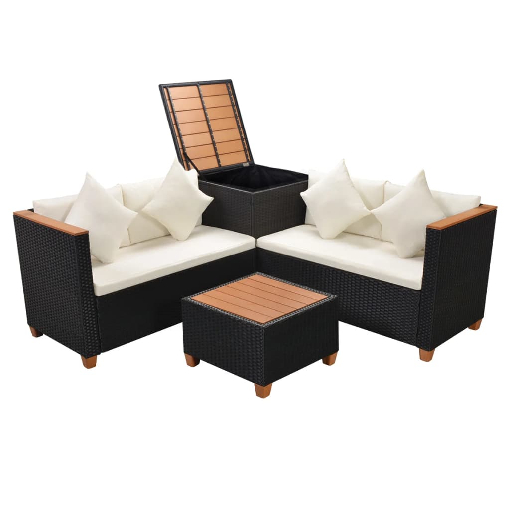 4 Piece Patio Lounge Set with Cushions Poly Rattan Black