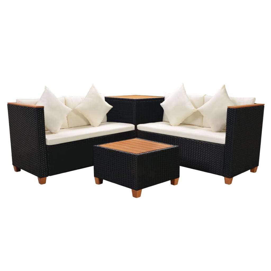 4 Piece Patio Lounge Set with Cushions Poly Rattan Black
