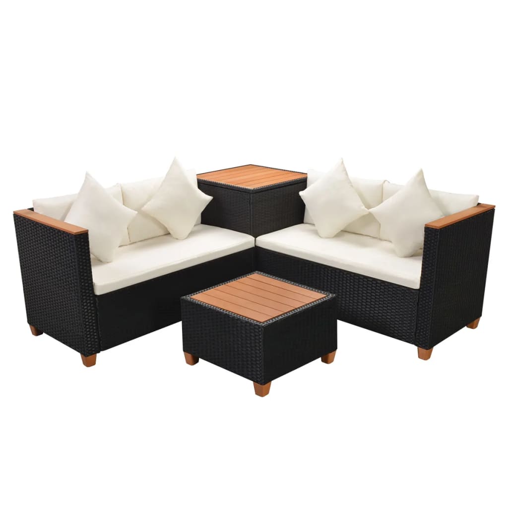 4 Piece Patio Lounge Set with Cushions Poly Rattan Black