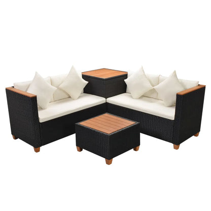 4 Piece Patio Lounge Set with Cushions Poly Rattan Black