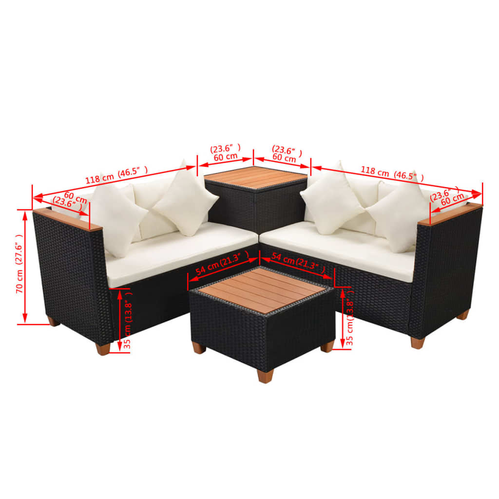 4 Piece Patio Lounge Set with Cushions Poly Rattan Black