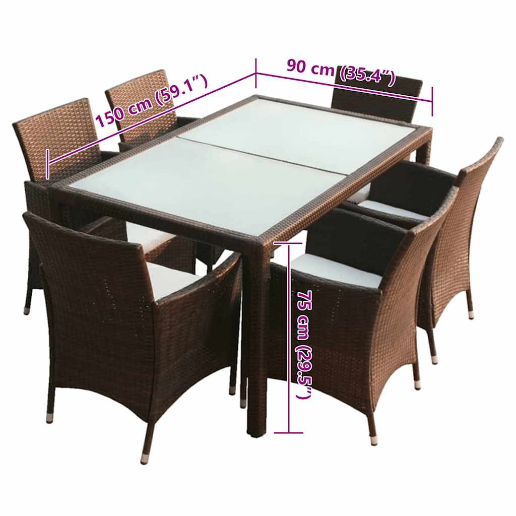 7 Piece Patio Dining Set with Cushions Poly Rattan Brown