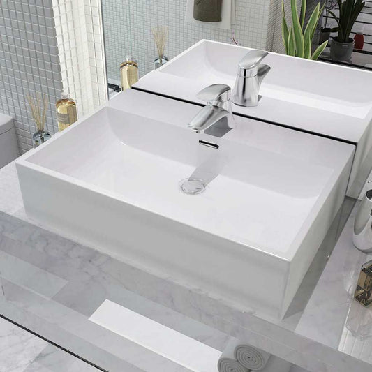 142347 vidaXL Basin with Faucet Hole Ceramic White 60,5x42,5x14,5 cm