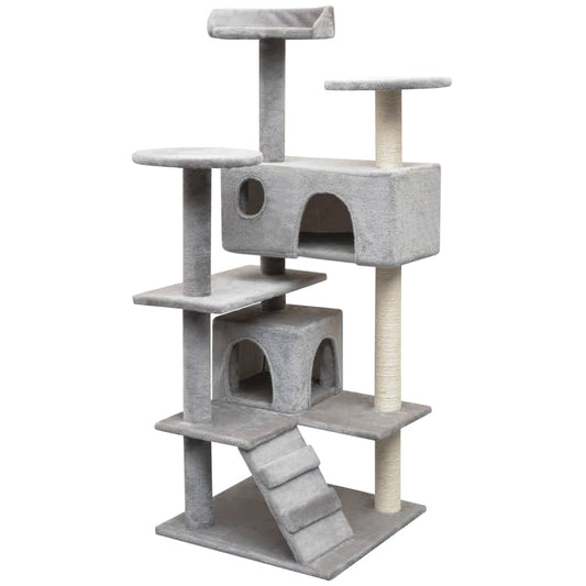 Cat Tree | Grey | Wooden frame, sisal rope, plush fabric | Medium