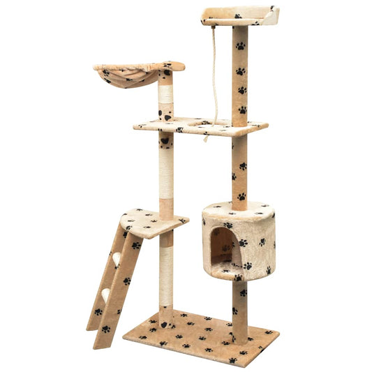 Cat Tree | Beige with black paw prints | Plush, Sisal, Wood | Large