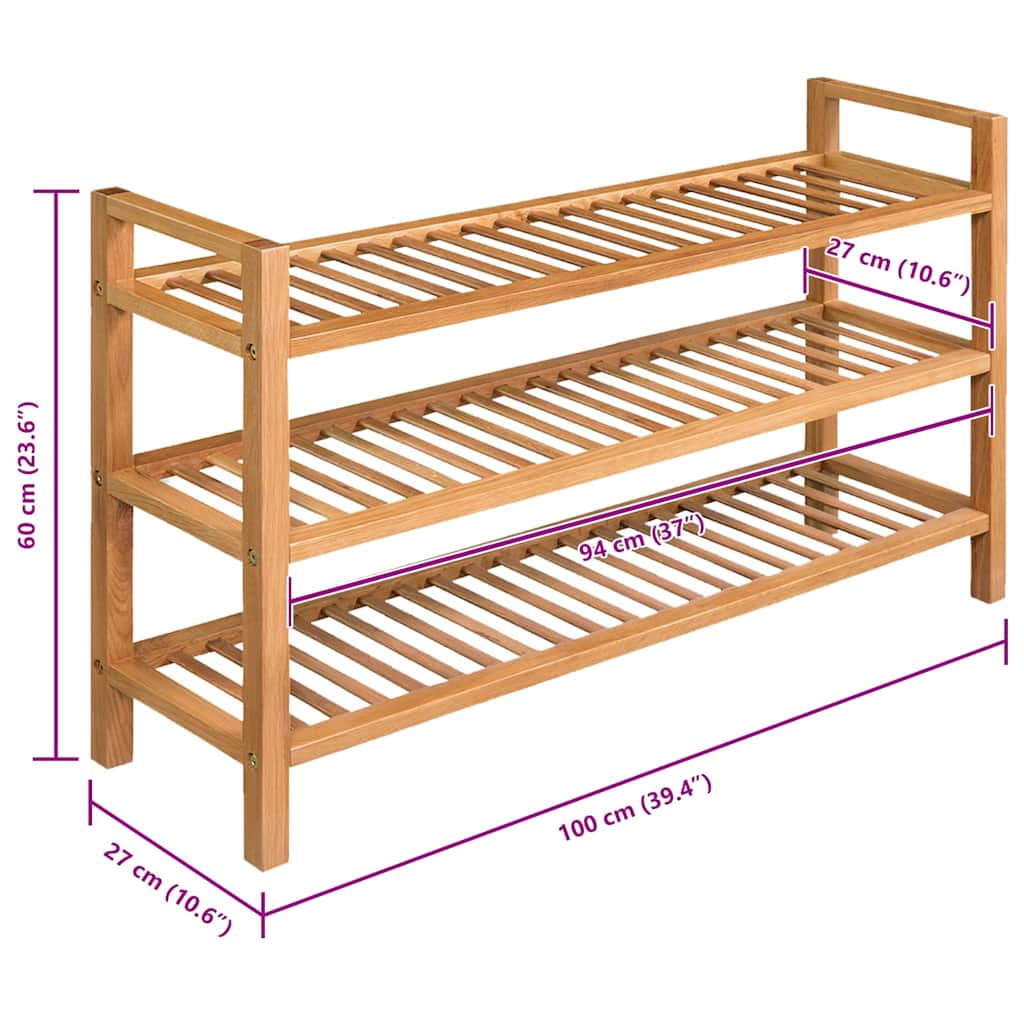 Shoe Rack with 3 Shelves Solid Oak Wood 39.4"x10.6"x23.6