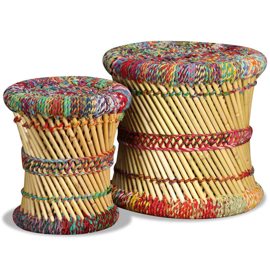 Stool | Set of 2 | Multicolour | Bamboo and Chindi with Iron Frame