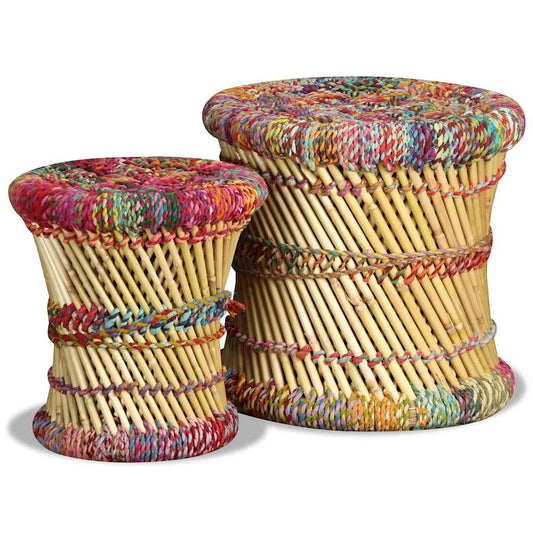 Stool | Set of 2 | Multicolour | Bamboo and Chindi with Iron Frame