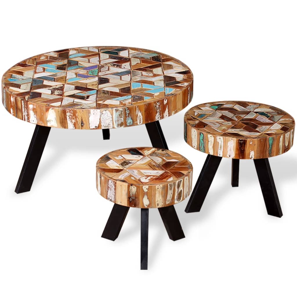 vidaXL Coffee Table Set of 3 Multicolor Solid reclaimed wood