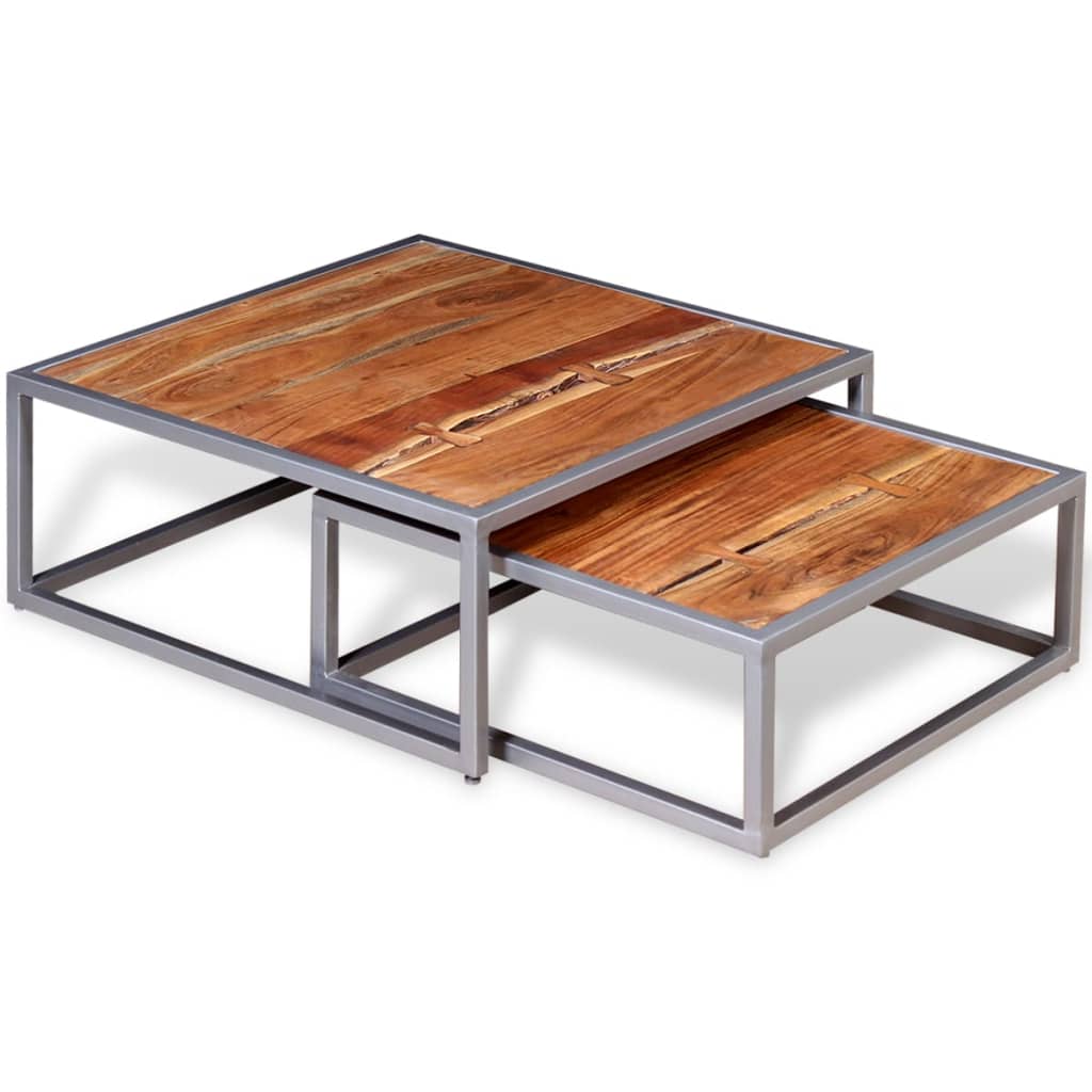 Coffee Table Set of 2 Brown Solid acacia wood, steel Medium