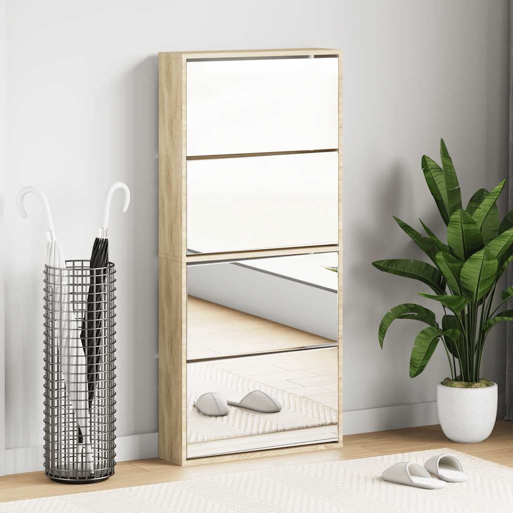 Shoe Cabinet 4-Layer Mirror Oak 63x17x134 cm