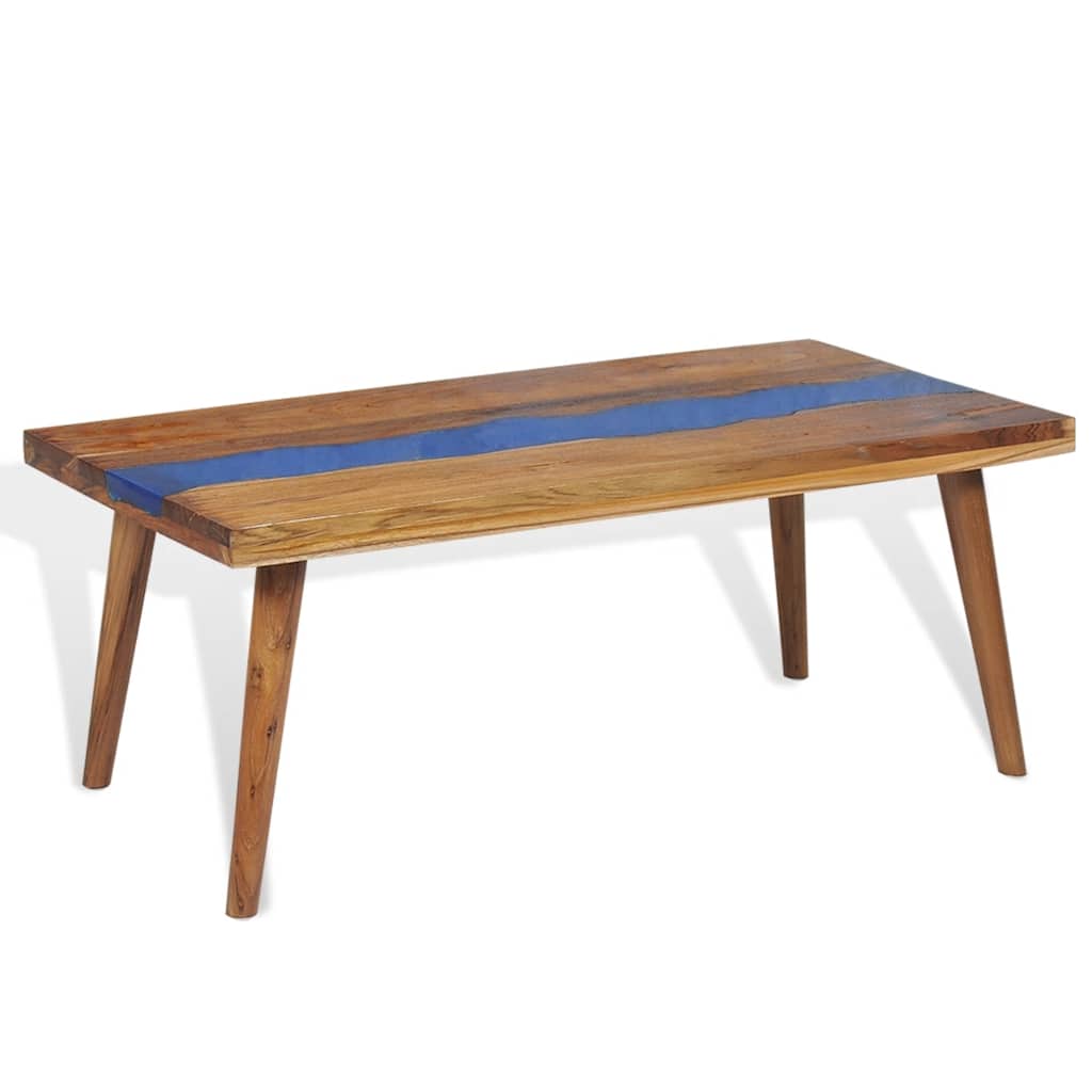 vidaXL Coffee Table Brown and Blue Teak and Resin 39.4 x 19.7 x 15.7 in