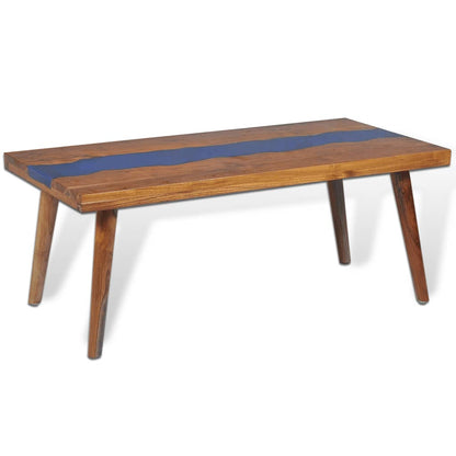 vidaXL Coffee Table Brown and Blue Teak and Resin 39.4 x 19.7 x 15.7 in