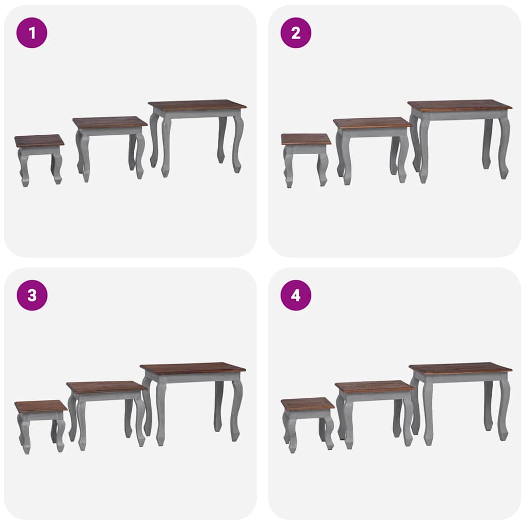vidaXL Nesting Table Brown, White Solid Mahogany Wood Small, Medium, Large