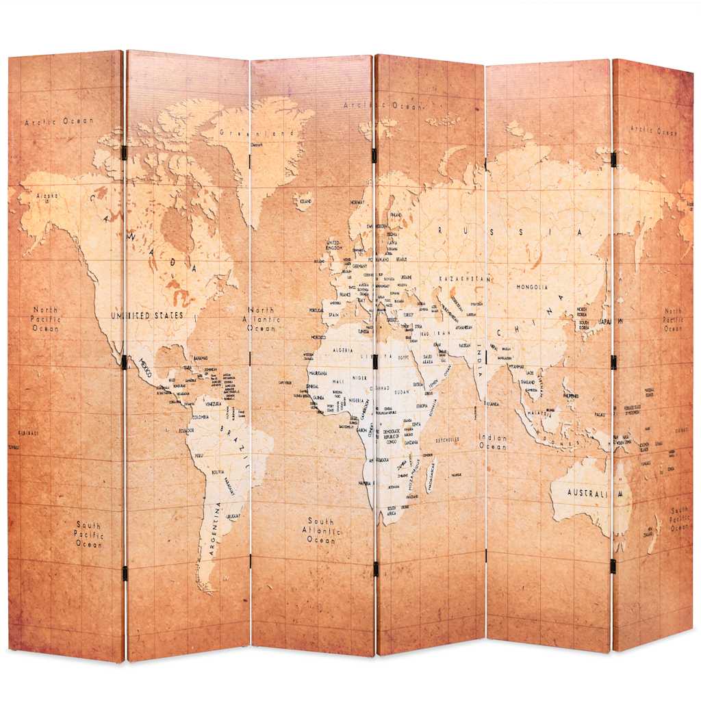 Folding Room Divider 228x170 cm World Map Yellow