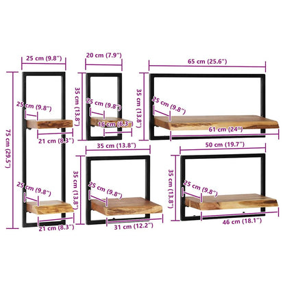 Wall Shelf Set 5 Pieces Solid Acacia Wood and Steel