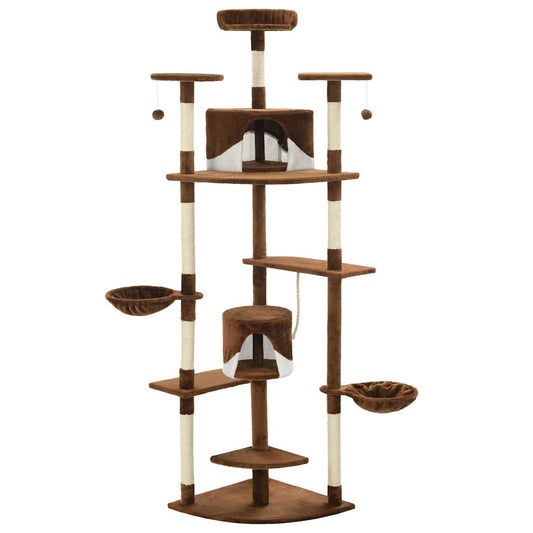 Cat Tree | Brown and White | Engineered wood, plush fabric, sisal rope
