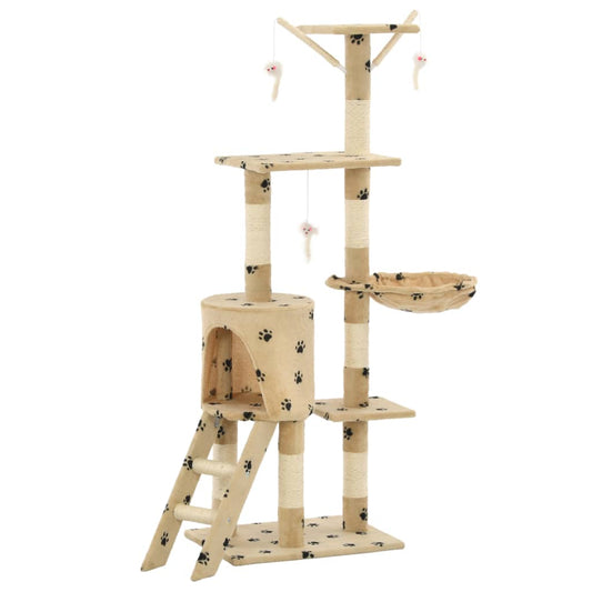 Cat Tree | Beige with paw prints | Particle board, Sisal rope, Soft plush