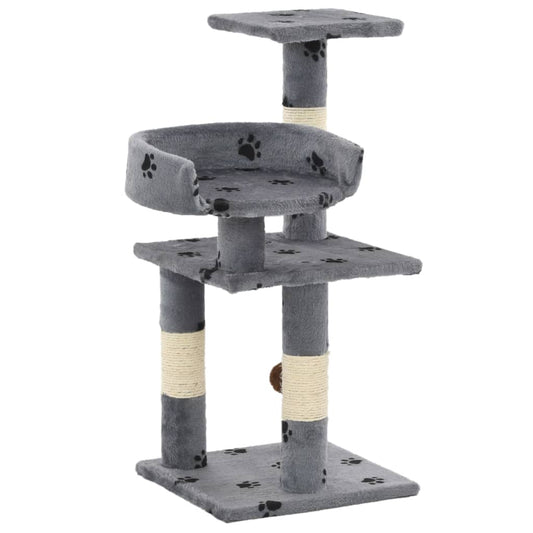 Cat Tree | Grey with paw prints | Particle board, plush, sisal rope