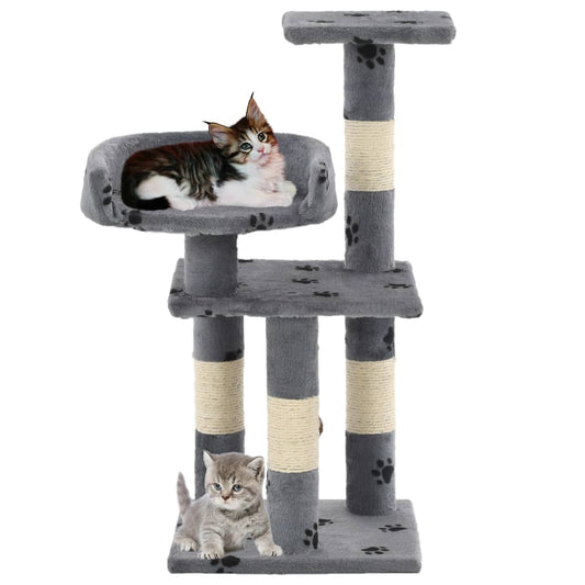 Cat Tree | Grey with paw prints | Particle board, plush, sisal rope