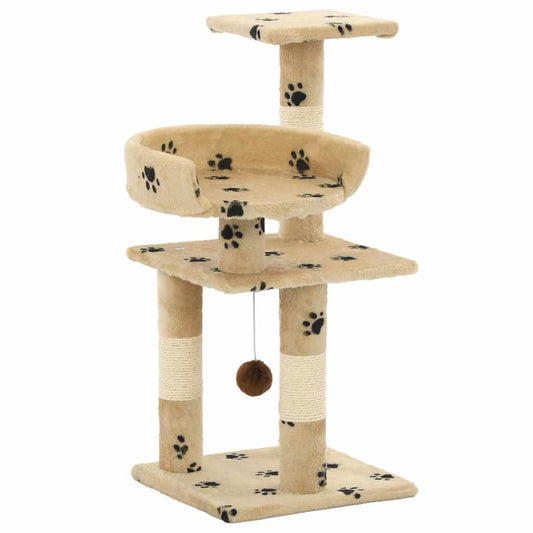 Cat Tree | Beige with paw prints | Particle board, soft plush, sisal rope